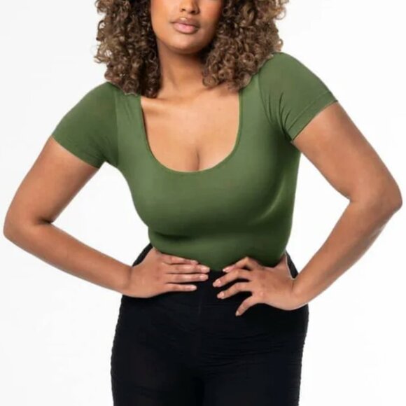 NEW HeyShape Square Neck Thong Bodysuit Green Short Sleeve Women's Large - Picture 4 of 13